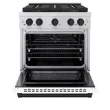 ZLINE Autograph Edition 30 in. 4.2 cu. ft. Paramount Gas Range with 4 Burner DuoPro™ Cooktop and Convection Gas Oven in Stainless Steel with White Matte Door and Matte Black Accents (PSGRZ-WM-30-MB) - (PSGRZWM30MB) -