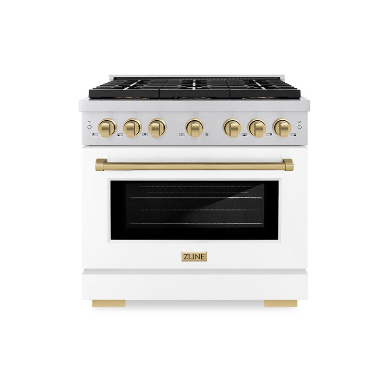 Autograph Edition 36 in. 5.2 cu. ft. Paramount Gas Range with 6 Burner DuoPro™ Cooktop and Convection Gas Oven with White Matte Door and Champagne Bronze Accents - (PSGRZWM36CB) -