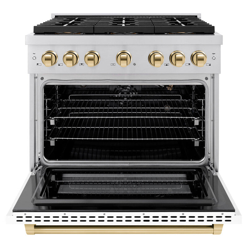 Autograph Edition 36 in. 5.2 cu. ft. Paramount Gas Range with 6 Burner DuoPro™ Cooktop and Convection Gas Oven with White Matte Door and Polished Gold Accents - (PSGRZWM36G) -