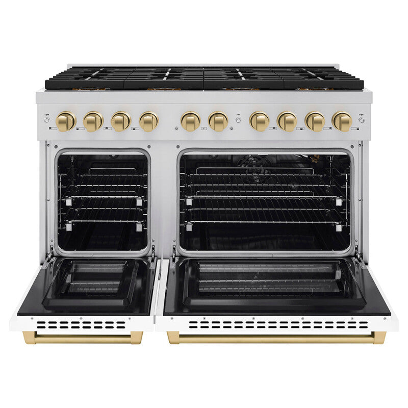 Autograph Edition 48 in. 6.7 cu. ft. Paramount Gas Range with 8 Burner DuoPro™ Cooktop and Dual Ovens with White Matte Doors and Champagne Bronze Accents - (PSGRZWM48CB) -