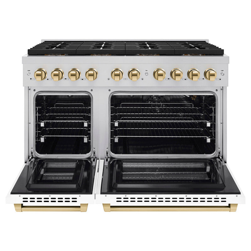 Autograph Edition 48 in. 6.7 cu. ft. Paramount Gas Range with 8 Burner DuoPro™ Cooktop and Dual Ovens with White Matte Doors and Polished Gold Accents - (PSGRZWM48G) -