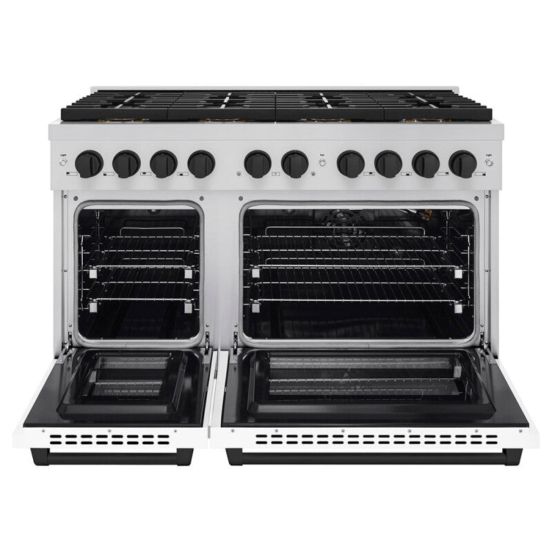 Autograph Edition 48 in. 6.7 cu. ft. Paramount Gas Range with 8 Burner DuoPro™ Cooktop and Dual Ovens with White Matte Doors and Matte Black Accents - (PSGRZWM48MB) -