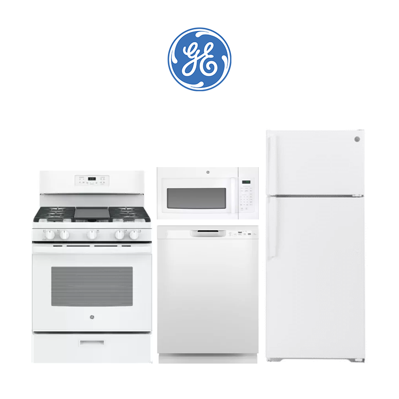Apartment Grade GE 4-Piece White Kitchen Package – Refrigerator (GTS18HGNRWW), Gas Range (JGBS66DEKWW), Dishwasher (GDF535PGRWW) & Microwave (JVM3160DFWW)