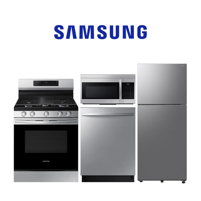 Apartment Grade Samsung 4-Piece Stainless Steel Kitchen Package – Refrigerator (RT70F18LASR), Gas Range (NX60A6311SS), Dishwasher (DW80CG4051SR) & Microwave (ME16A4021AS)