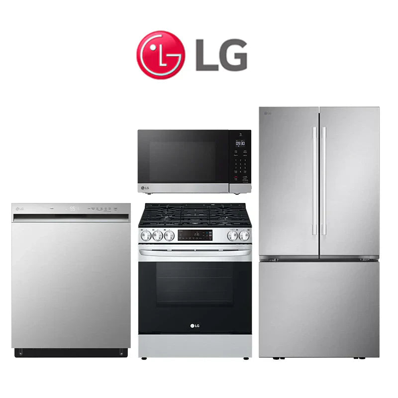 LG Modern Kitchen Collection – Refrigerator: LF25H6200S | Slide-In Gas Range: LSGL5831F | Microwave: MSER0990S | Dishwasher: LDFN3432T