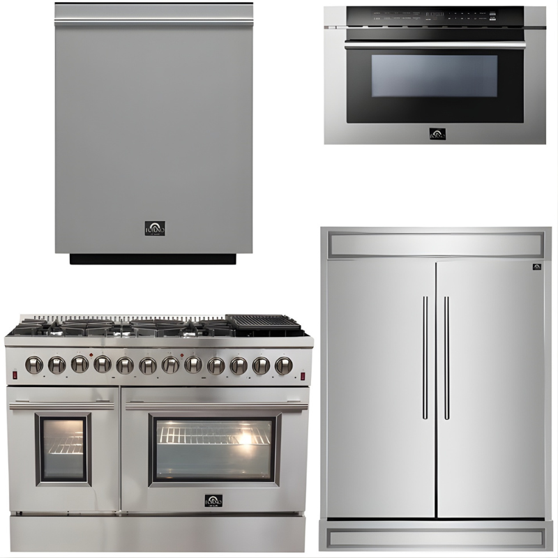 FORNO Appliance Package - 48" Dual Fuel Range, 60" Refrigerator, Microwave Drawer, Dishwasher, AP-FFSGS6156-48-4P