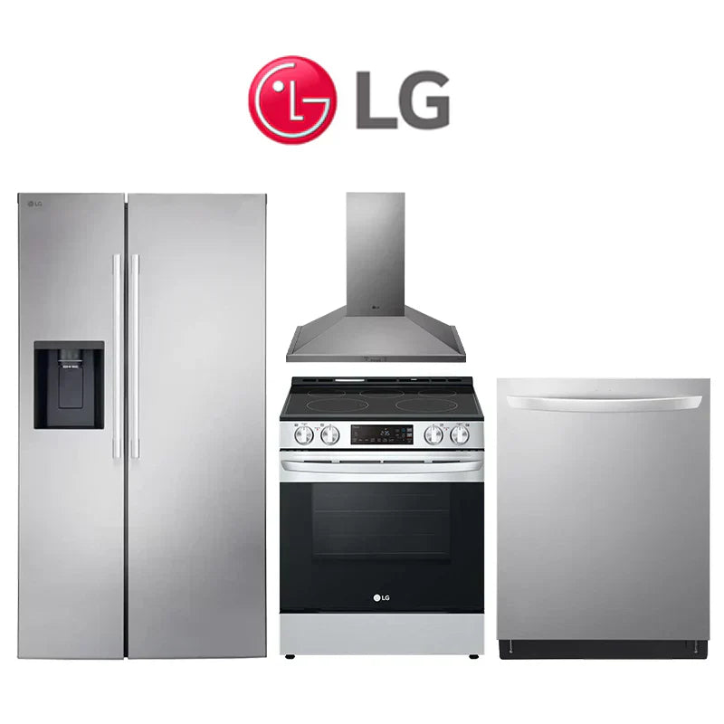 LG Modern Kitchen Collection – Refrigerator: LS27T3230S | Slide-In Electric Stove: LSEL6331F | Hood: HCED3015S | Dishwasher: LDTH5554S