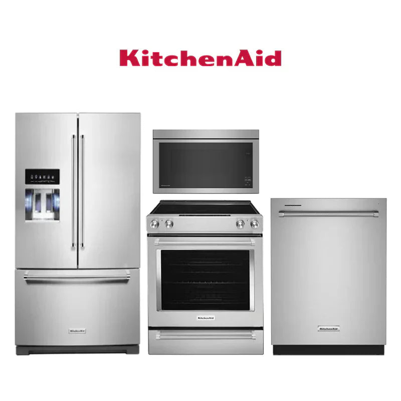 KitchenAid Modern Kitchen Collection – Refrigerator: KRFF577KPS | Electric Range: KSEG700ESS | Dishwasher: KDTM405PPS | Microwave: KMMF330PSS