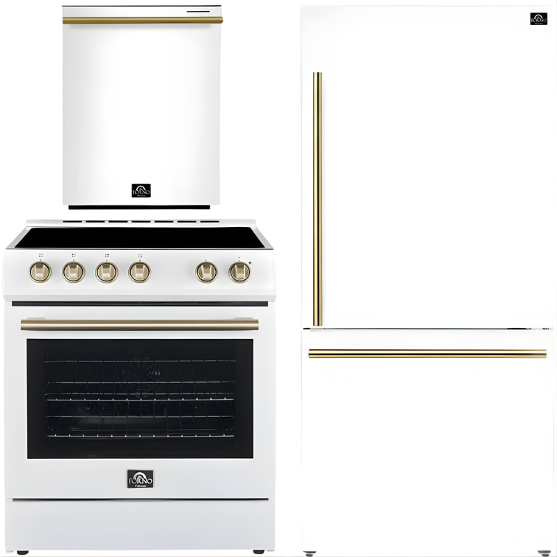FORNO Espresso Package - 30" Electric Range, Refrigerator and Dishwasher in White with Antique Brass Handles