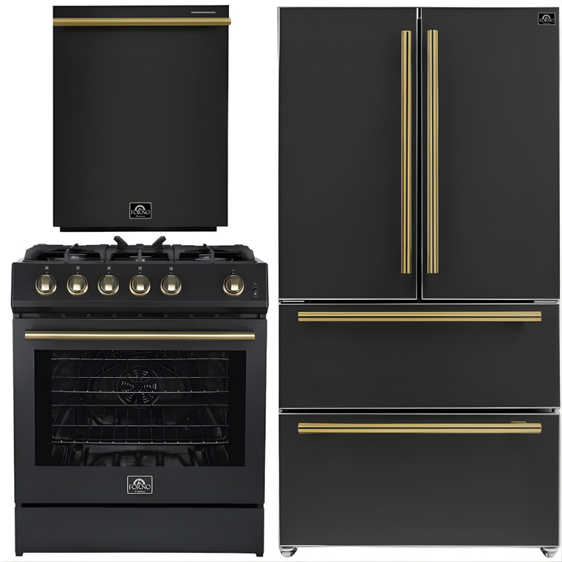 FORNO Espresso Package - 30" Gas Range, 36" Refrigerator with Ice Maker and Dishwasher in Black with Antique Brass Accents