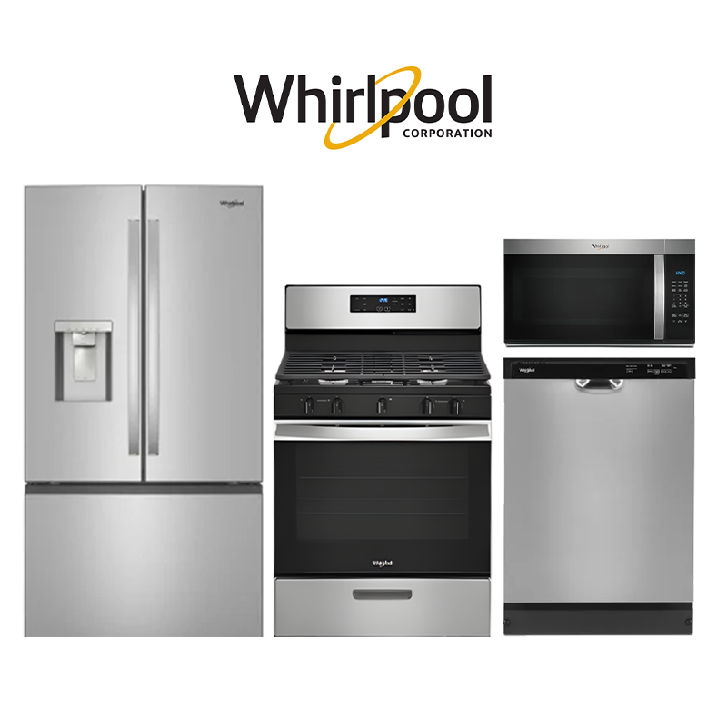 Whirlpool 4-Piece Stainless Steel Kitchen Package — Refrigerator, Gas Stove, Microwave &amp; Dishwasher (WRFF3536SZ / WFG505M0MS / WMMS3130RS / WDF332PAMS)