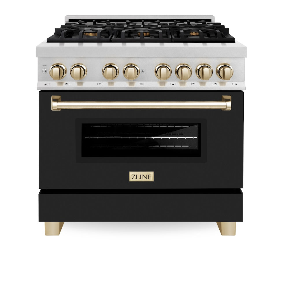 AutographEdition 36 in. 4.6 cu. ft. Dual Fuel Range with Gas Stove and Electric Oven in Fingerprint Resistant DuraSnow Stainless Steel with Black Matte Door and Polished Gold Accents - (RASZBLM36G) -