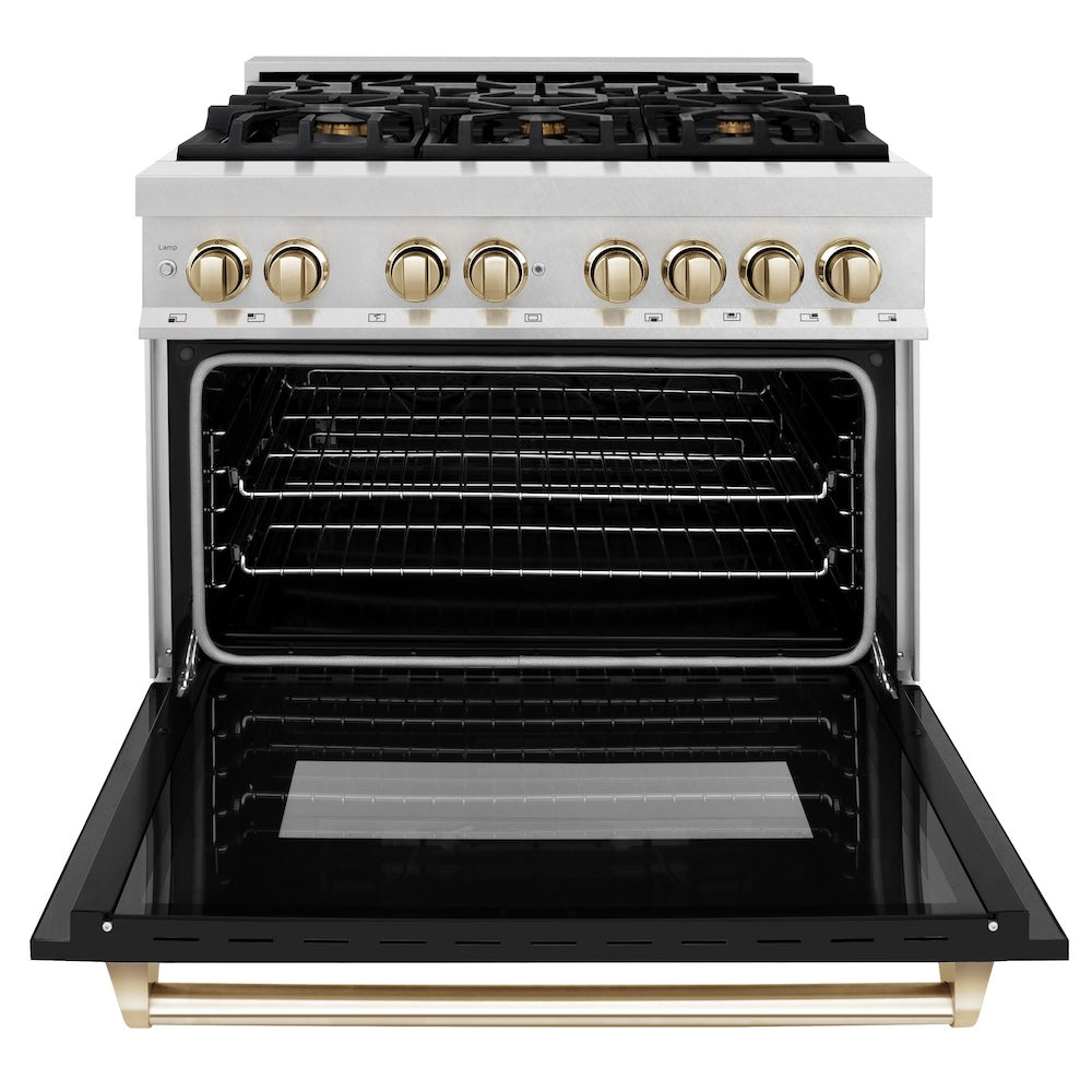 AutographEdition 36 in. 4.6 cu. ft. Dual Fuel Range with Gas Stove and Electric Oven in Fingerprint Resistant DuraSnow Stainless Steel with Black Matte Door and Polished Gold Accents - (RASZBLM36G) -