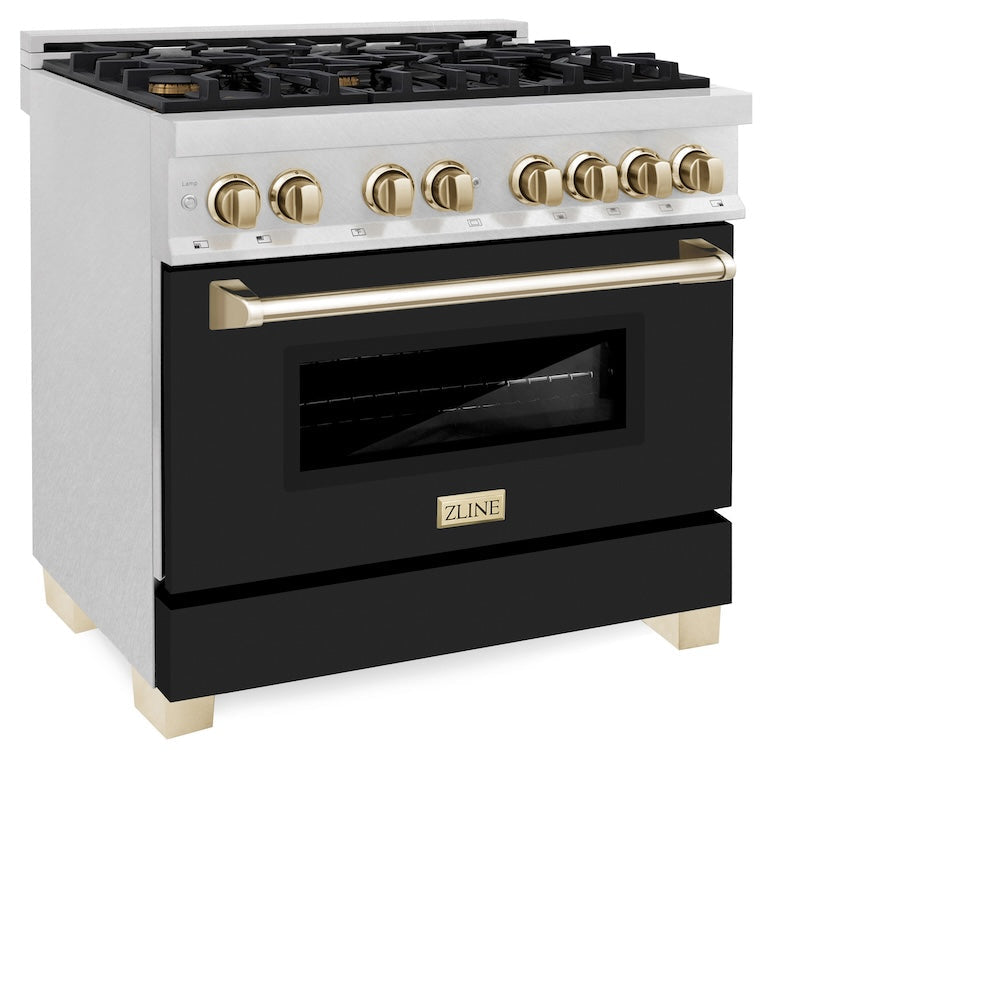 AutographEdition 36 in. 4.6 cu. ft. Dual Fuel Range with Gas Stove and Electric Oven in Fingerprint Resistant DuraSnow Stainless Steel with Black Matte Door and Polished Gold Accents - (RASZBLM36G) -