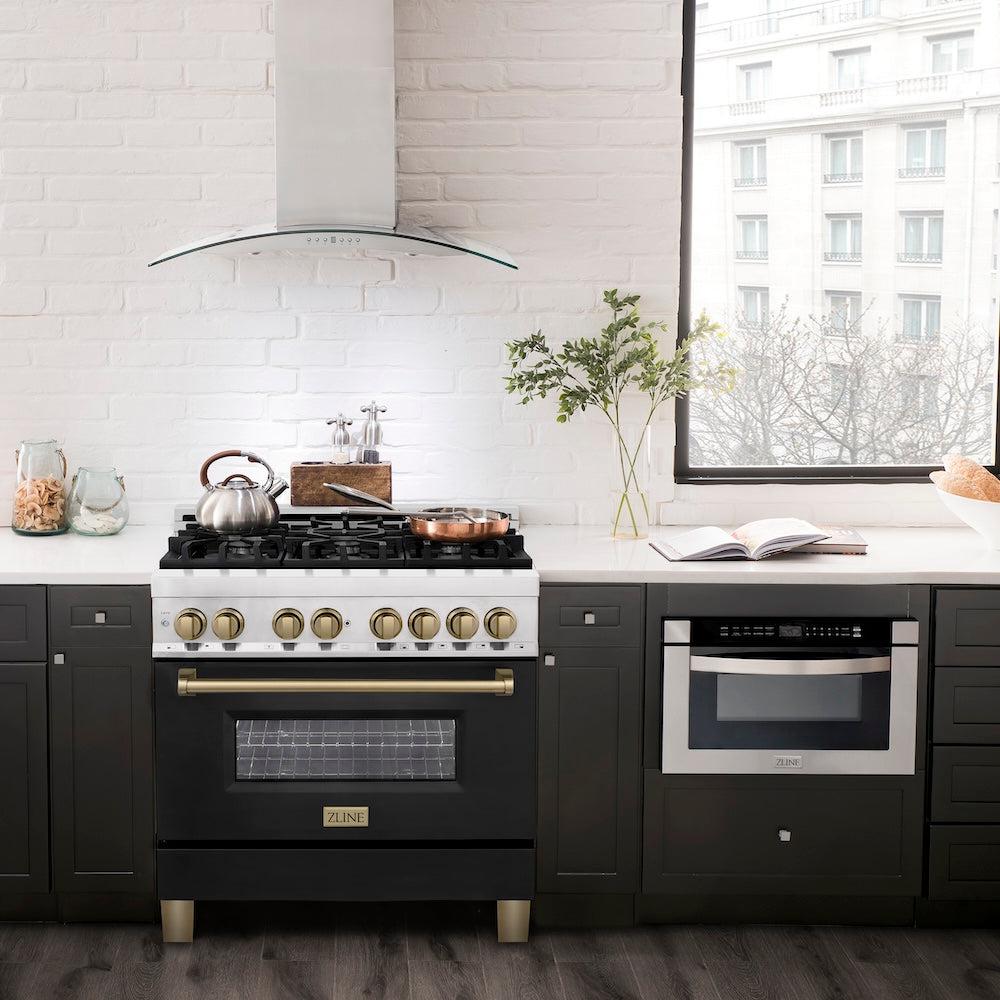 ZLINE Autograph Edition 36 in. 4.6 cu. ft. Legacy Dual Fuel Range with 6 Burner Gas Cooktop and Electric Convection Oven in Stainless Steel with Black Matte Door and Champagne Bronze Accents (RAZ-BLM-36-CB) - (RAZBLM36CB) -