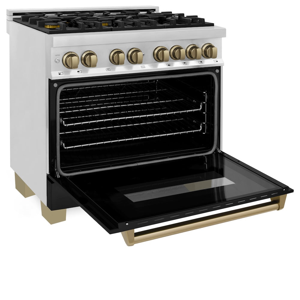 ZLINE Autograph Edition 36 in. 4.6 cu. ft. Legacy Dual Fuel Range with 6 Burner Gas Cooktop and Electric Convection Oven in Stainless Steel with Black Matte Door and Champagne Bronze Accents (RAZ-BLM-36-CB) - (RAZBLM36CB) -