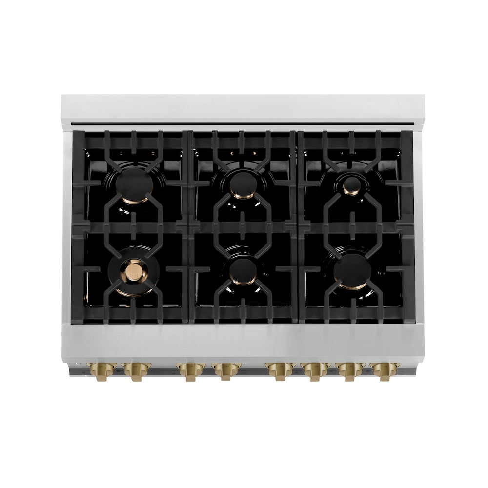 ZLINE Autograph Edition 36 in. 4.6 cu. ft. Legacy Dual Fuel Range with 6 Burner Gas Cooktop and Electric Convection Oven in Stainless Steel with Black Matte Door and Champagne Bronze Accents (RAZ-BLM-36-CB) - (RAZBLM36CB) -