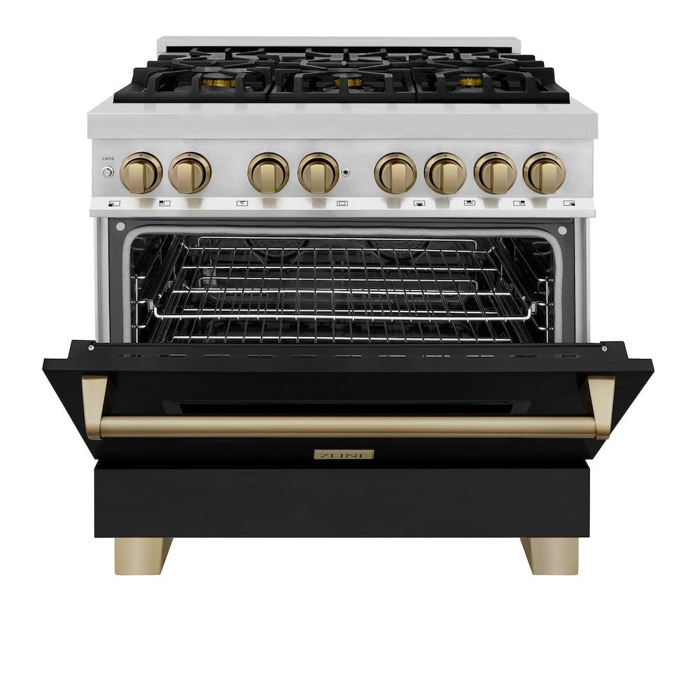 ZLINE Autograph Edition 36 in. 4.6 cu. ft. Legacy Dual Fuel Range with 6 Burner Gas Cooktop and Electric Convection Oven in Stainless Steel with Black Matte Door and Champagne Bronze Accents (RAZ-BLM-36-CB) - (RAZBLM36CB) -