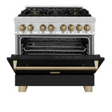 ZLINE Autograph Edition 36 in. 4.6 cu. ft. Legacy Dual Fuel Range with 6 Burner Gas Cooktop and Electric Convection Oven in Stainless Steel with Black Matte Door and Champagne Bronze Accents (RAZ-BLM-36-CB) - (RAZBLM36CB) -