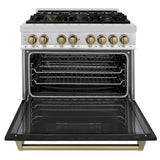 ZLINE Autograph Edition 36 in. 4.6 cu. ft. Legacy Dual Fuel Range with 6 Burner Gas Cooktop and Electric Convection Oven in Stainless Steel with Black Matte Door and Champagne Bronze Accents (RAZ-BLM-36-CB) - (RAZBLM36CB) -
