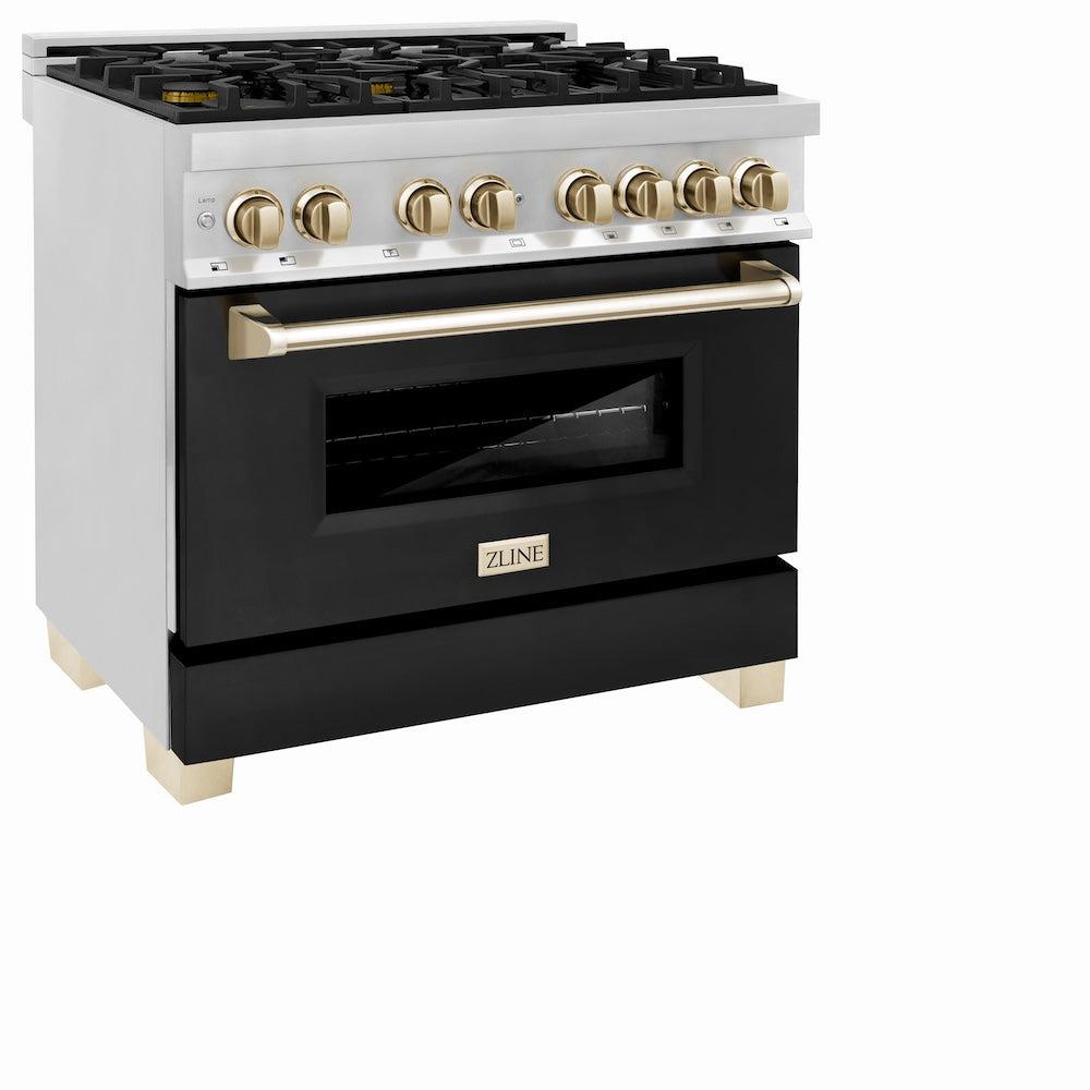 AutographEdition 36" 4.6 cu. ft. Dual Fuel Range with Gas Stove and Electric Oven in Stainless Steel with Black Matte Door and Polished Gold Accents - (RAZBLM36G) -