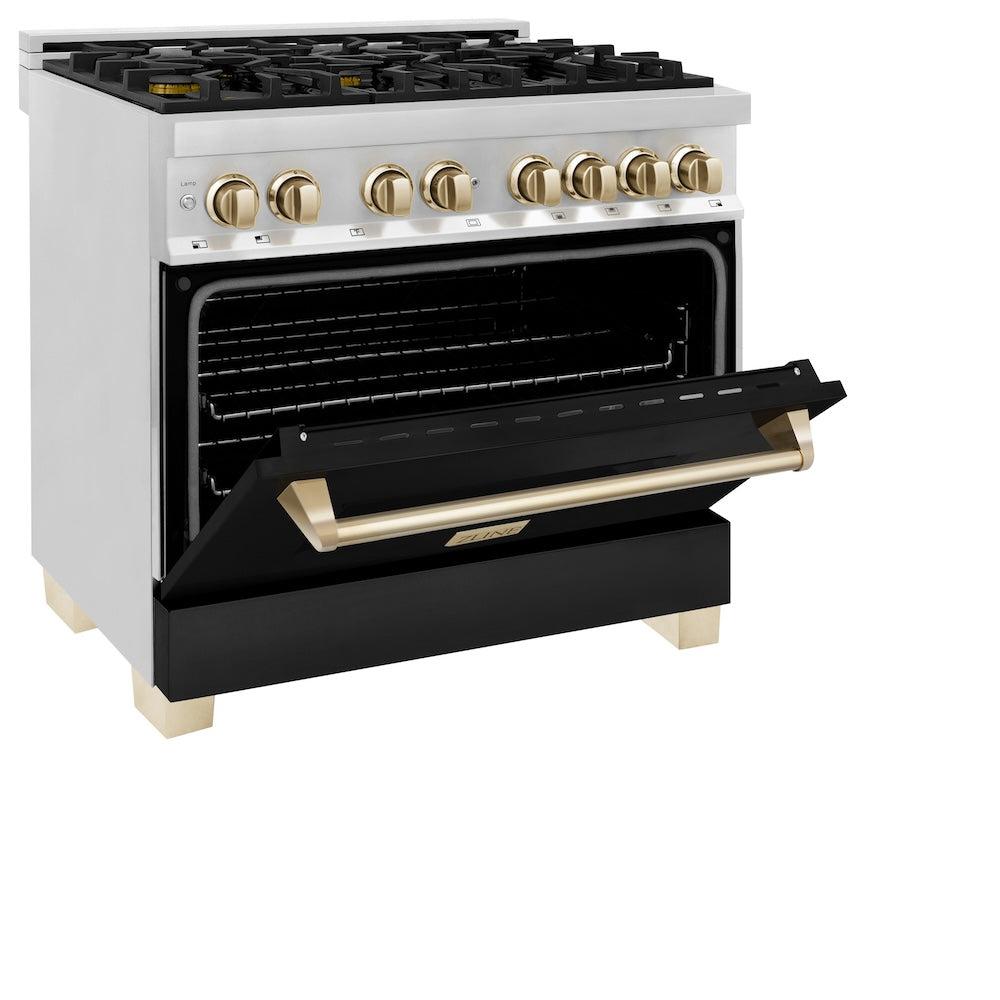 AutographEdition 36" 4.6 cu. ft. Dual Fuel Range with Gas Stove and Electric Oven in Stainless Steel with Black Matte Door and Polished Gold Accents - (RAZBLM36G) -