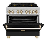 AutographEdition 36" 4.6 cu. ft. Dual Fuel Range with Gas Stove and Electric Oven in Stainless Steel with Black Matte Door and Polished Gold Accents - (RAZBLM36G) -