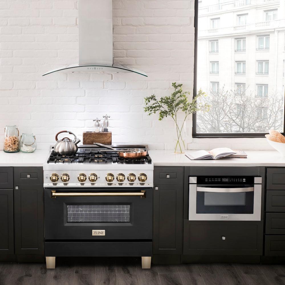 AutographEdition 36" 4.6 cu. ft. Dual Fuel Range with Gas Stove and Electric Oven in Stainless Steel with Black Matte Door and Polished Gold Accents - (RAZBLM36G) -