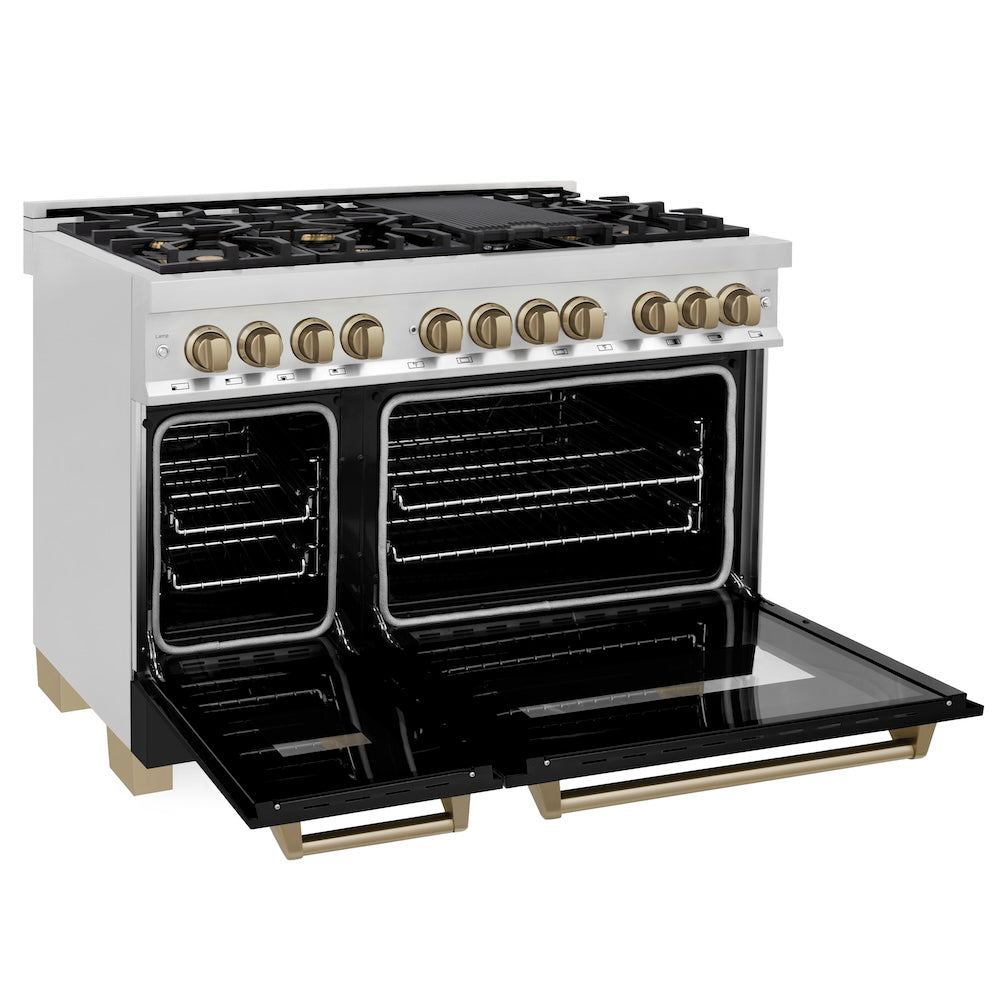 AutographEdition 48" 6.0 cu. ft. Dual Fuel Range with Gas Stove and Electric Oven in Stainless Steel with Black Matte Door and Champagne Bronze Accents - (RAZBLM48CB) -