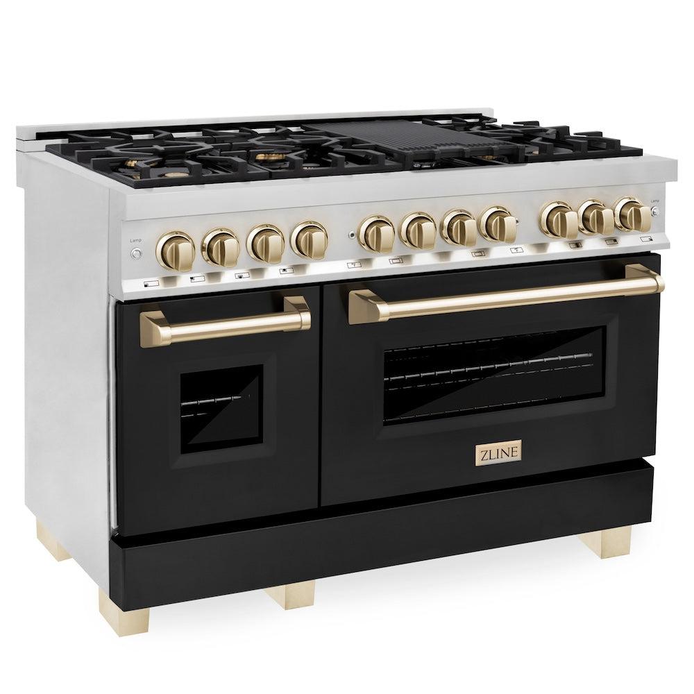 AutographEdition 48" 6.0 cu. ft. Dual Fuel Range with Gas Stove and Electric Oven in Stainless Steel with Black Matte Door and Polished Gold Accents - (RAZBLM48G) -