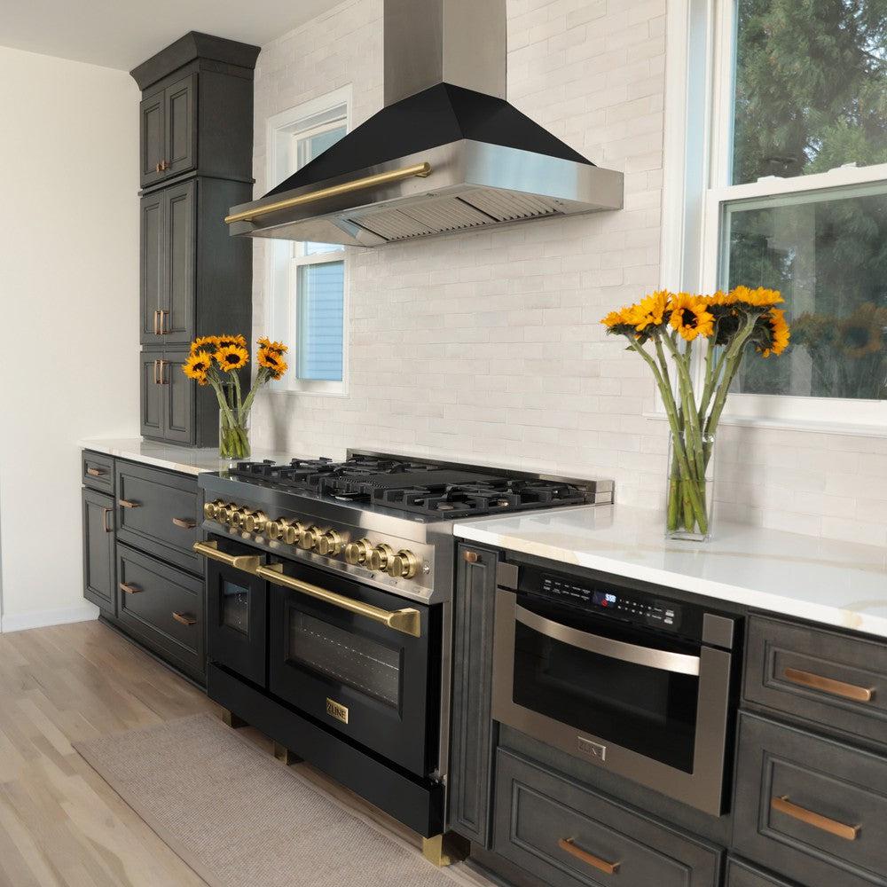 AutographEdition 48" 6.0 cu. ft. Dual Fuel Range with Gas Stove and Electric Oven in Stainless Steel with Black Matte Door and Polished Gold Accents - (RAZBLM48G) -