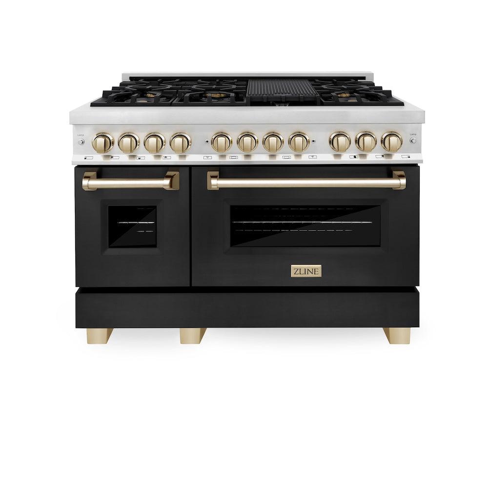 AutographEdition 48" 6.0 cu. ft. Dual Fuel Range with Gas Stove and Electric Oven in Stainless Steel with Black Matte Door and Polished Gold Accents - (RAZBLM48G) -