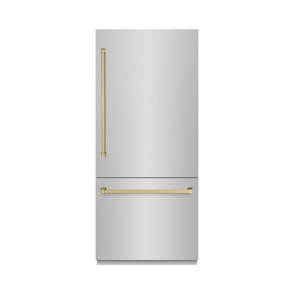 ZLINE Autograph Edition 36 in. 19.8 cu. ft. Built-In Bottom Freezer Refrigerator with Water Dispenser and Ice Maker in Stainless Steel with Champagne Bronze Accents (RBITZ-304-36CB) - (RBITZ30436CB) -
