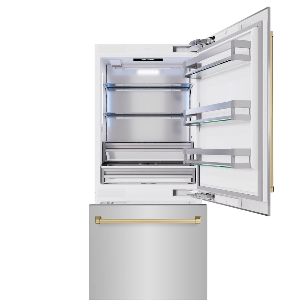 ZLINE Autograph Edition 36 in. 19.8 cu. ft. Built-In Bottom Freezer Refrigerator with Water Dispenser and Ice Maker in Stainless Steel with Champagne Bronze Accents (RBITZ-304-36CB) - (RBITZ30436CB) -