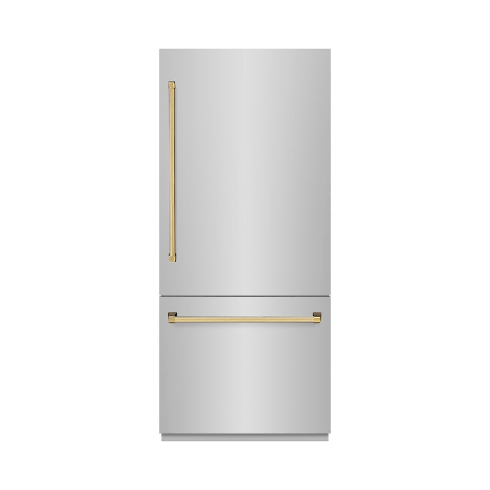 ZLINE Autograph Edition 36 in. 19.8 cu. ft. Built-In Bottom Freezer Refrigerator with Water Dispenser and Ice Maker in Stainless Steel with Polished Gold Accents (RBITZ-304-36G) - (RBITZ30436G) -