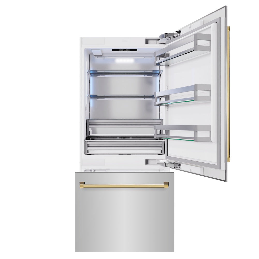 ZLINE Autograph Edition 36 in. 19.8 cu. ft. Built-In Bottom Freezer Refrigerator with Water Dispenser and Ice Maker in Stainless Steel with Polished Gold Accents (RBITZ-304-36G) - (RBITZ30436G) -