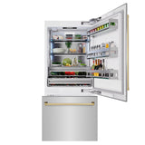 ZLINE Autograph Edition 36 in. 19.8 cu. ft. Built-In Bottom Freezer Refrigerator with Water Dispenser and Ice Maker in Stainless Steel with Polished Gold Accents (RBITZ-304-36G) - (RBITZ30436G) -