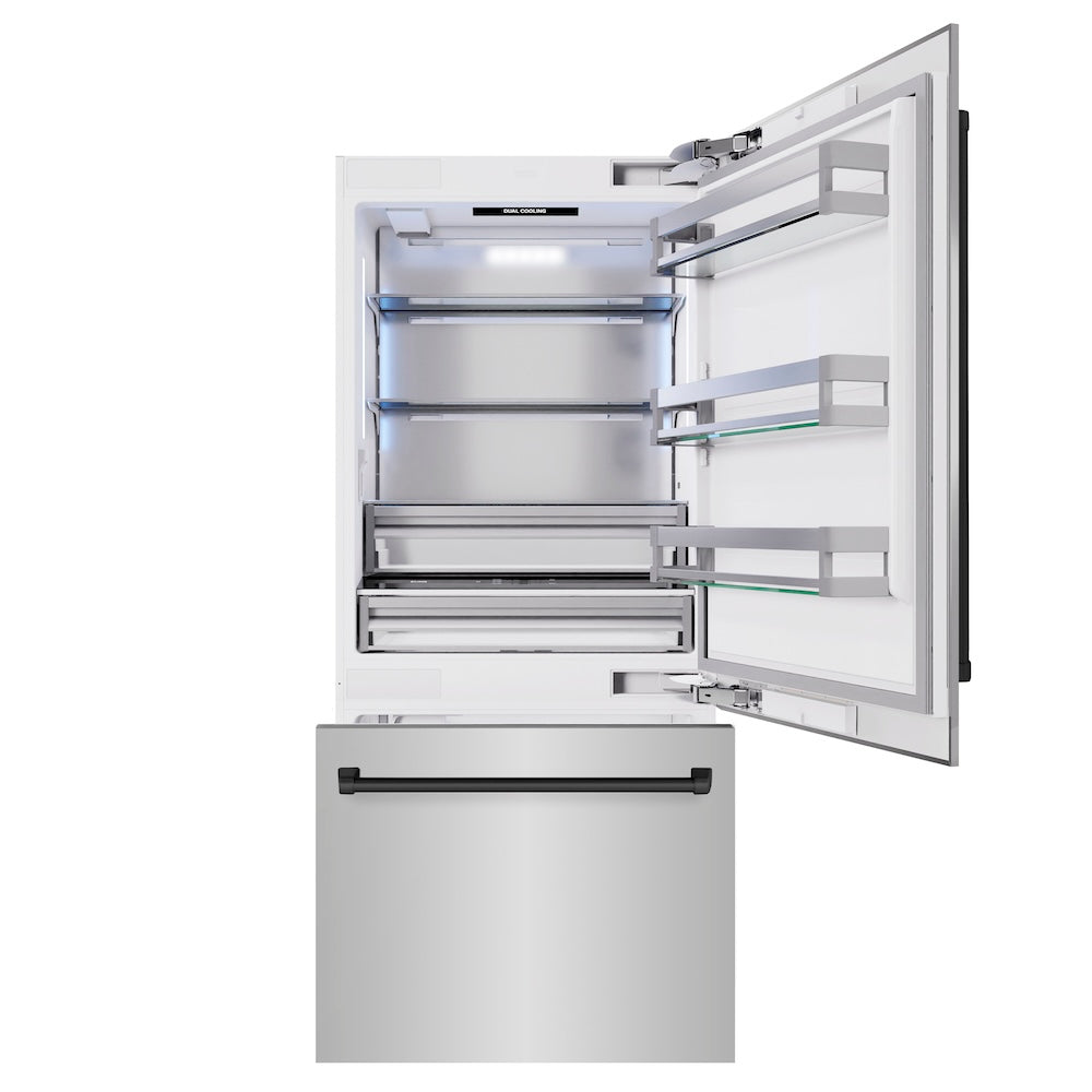 ZLINE Autograph Edition 36 in. 19.8 cu. ft. Built-In Bottom Freezer Refrigerator with Water Dispenser and Ice Maker in Stainless Steel with Matte Black Accents (RBITZ-304-36MB) - (RBITZ30436MB) -