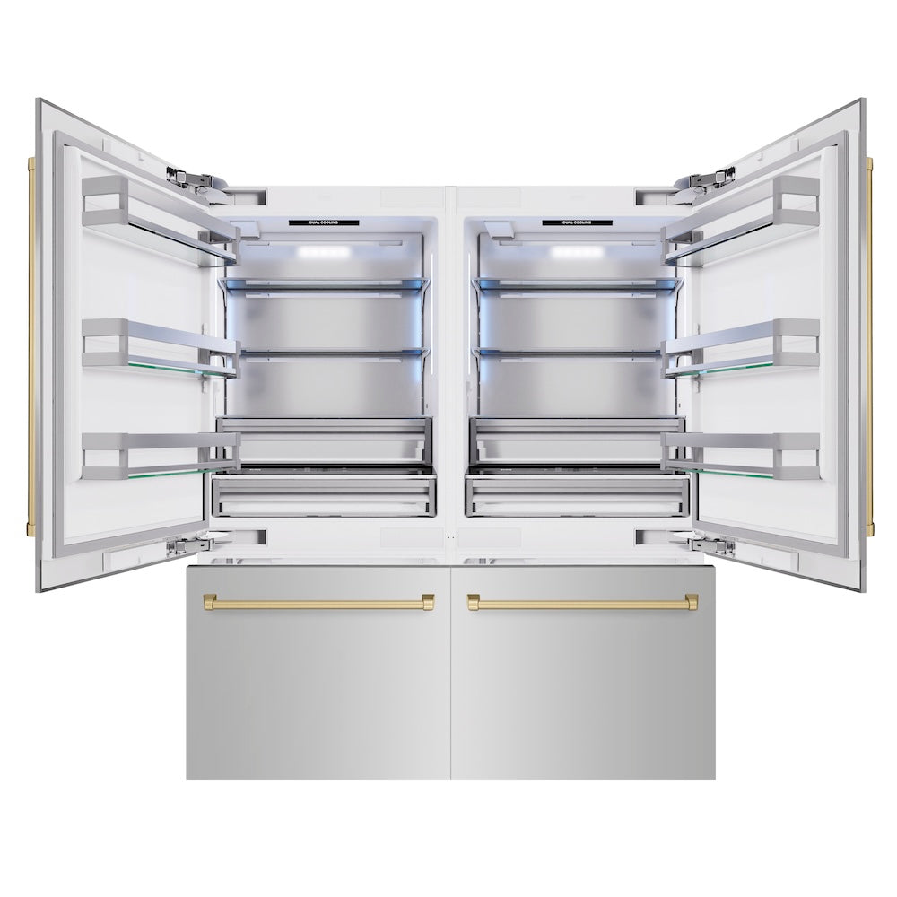 ZLINE Autograph Edition 72 in. 39.6 cu. ft. French Door Built-In Bottom Freezer Refrigerator with Water Dispensers and Ice Makers in Stainless Steel with Champagne Bronze Accents (RBITZ-304-72CB) - (RBITZ30472CB) -