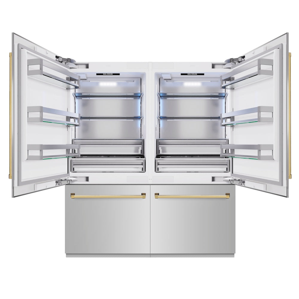 ZLINE Autograph Edition 72 in. 39.6 cu. ft. French Door Built-In Bottom Freezer Refrigerator with Water Dispensers and Ice Makers in Stainless Steel with Polished Gold Accents (RBITZ-304-72G) - (RBITZ30472G) -