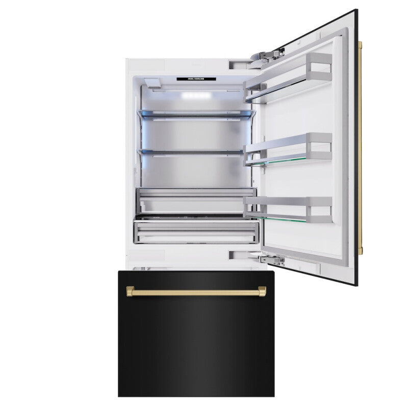 ZLINE Autograph Edition 36 in. 19.8 cu. ft. Built-In Bottom Freezer Refrigerator with Water Dispenser and Ice Maker in Black Stainless Steel and Champagne Bronze Accents (RBITZ-BS-36-CB) - (RBITZBS36CB) -