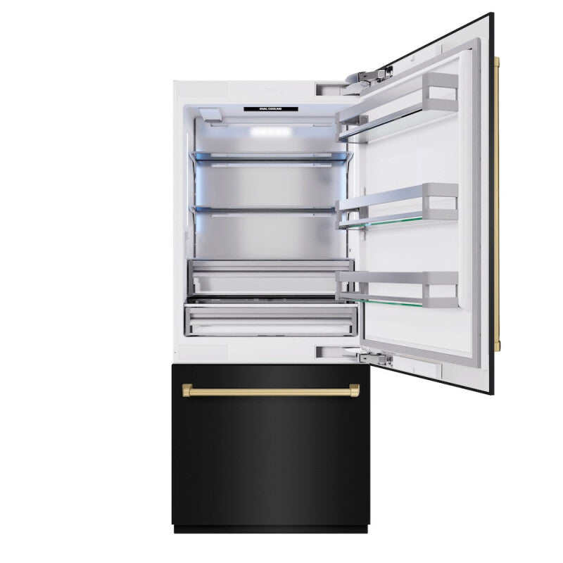 ZLINE Autograph Edition 36 in. 19.8 cu. ft. Built-In Bottom Freezer Refrigerator with Water Dispenser and Ice Maker in Black Stainless Steel and Champagne Bronze Accents (RBITZ-BS-36-CB) - (RBITZBS36CB) -
