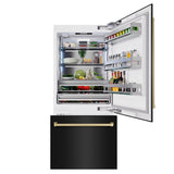 ZLINE Autograph Edition 36 in. 19.8 cu. ft. Built-In Bottom Freezer Refrigerator with Water Dispenser and Ice Maker in Black Stainless Steel and Champagne Bronze Accents (RBITZ-BS-36-CB) - (RBITZBS36CB) -