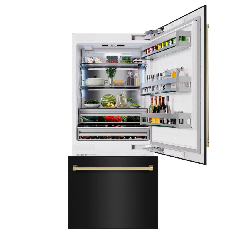 ZLINE Autograph Edition 36 in. 19.8 cu. ft. Built-In Bottom Freezer Refrigerator with Water Dispenser and Ice Maker in Black Stainless Steel and Polished Gold Accents (RBITZ-BS-36-G) - (RBITZBS36G) -