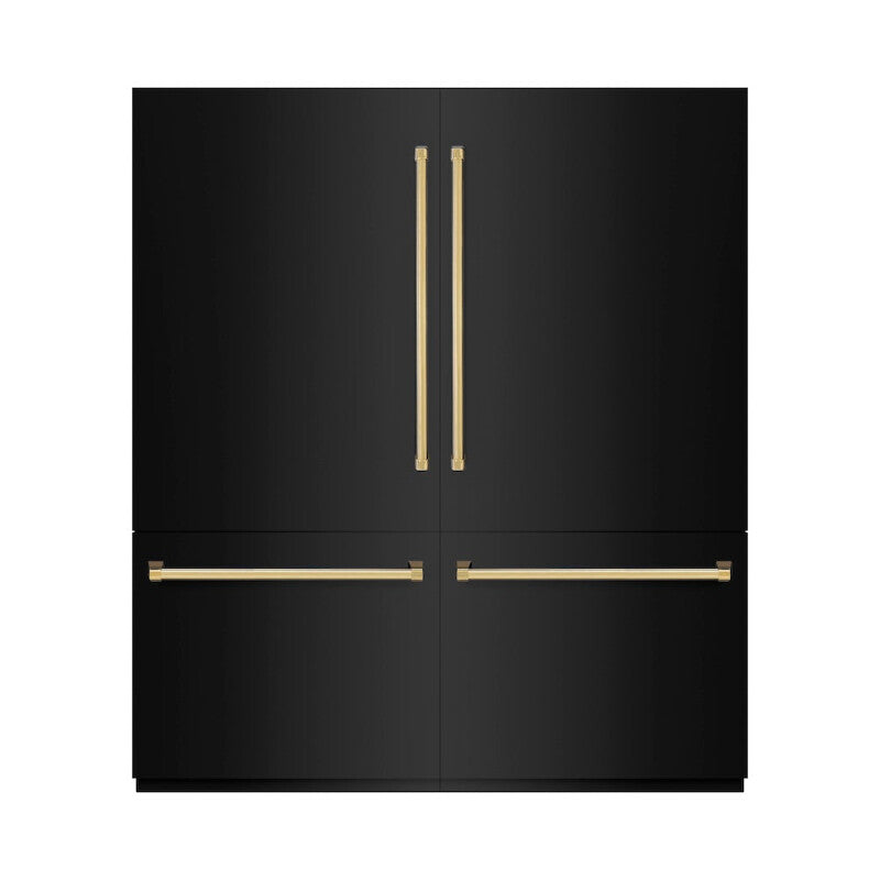 ZLINE Autograph Edition 72 in. 39.6 cu. ft. French Door Built-In Bottom Freezer Refrigerator with Water Dispensers and Ice Makers in Black Stainless Steel and Polished Gold Accents (RBITZ-BS-72-G) - (RBITZBS72G) -