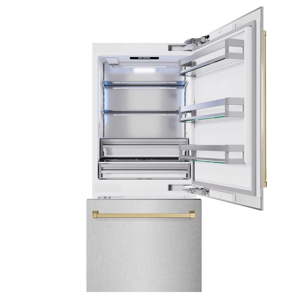 ZLINE Autograph Edition 36 in. 19.8 cu. ft. Built-In Bottom Freezer Refrigerator with Water Dispenser and Ice Maker in DuraSnow® Stainless Steel and Champagne Bronze Accents (RBITZ-SN-36-CB) - (RBITZSN36CB) -