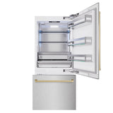 ZLINE Autograph Edition 36 in. 19.8 cu. ft. Built-In Bottom Freezer Refrigerator with Water Dispenser and Ice Maker in DuraSnow® Stainless Steel and Champagne Bronze Accents (RBITZ-SN-36-CB) - (RBITZSN36CB) -