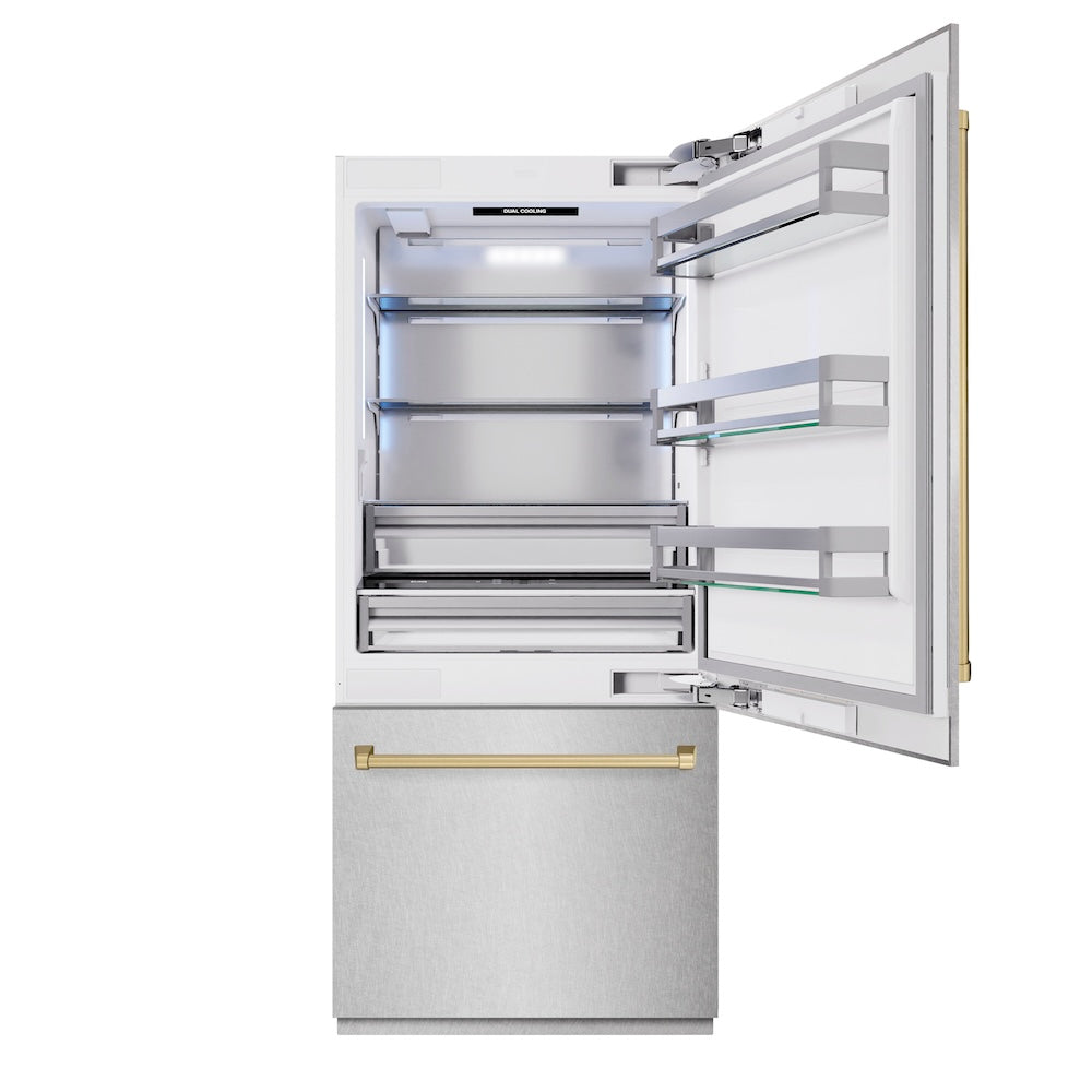ZLINE Autograph Edition 36 in. 19.8 cu. ft. Built-In Bottom Freezer Refrigerator with Water Dispenser and Ice Maker in DuraSnow® Stainless Steel and Champagne Bronze Accents (RBITZ-SN-36-CB) - (RBITZSN36CB) -