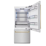 ZLINE Autograph Edition 36 in. 19.8 cu. ft. Built-In Bottom Freezer Refrigerator with Water Dispenser and Ice Maker in DuraSnow® Stainless Steel and Champagne Bronze Accents (RBITZ-SN-36-CB) - (RBITZSN36CB) -
