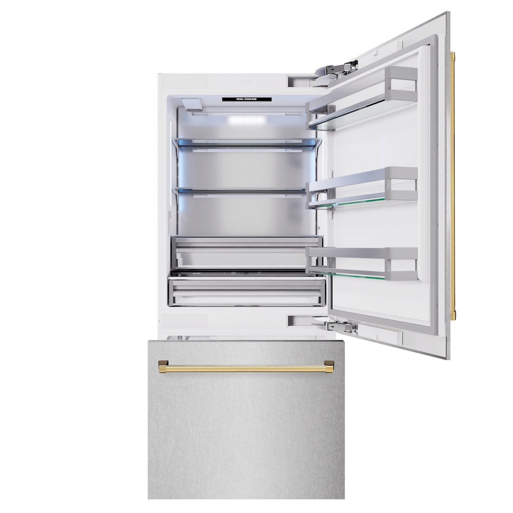 ZLINE Autograph Edition 36 in. 19.8 cu. ft. Built-In Bottom Freezer Refrigerator with Water Dispenser and Ice Maker in DuraSnow® Stainless Steel and Polished Gold Accents (RBITZ-SN-36-G) - (RBITZSN36G) -